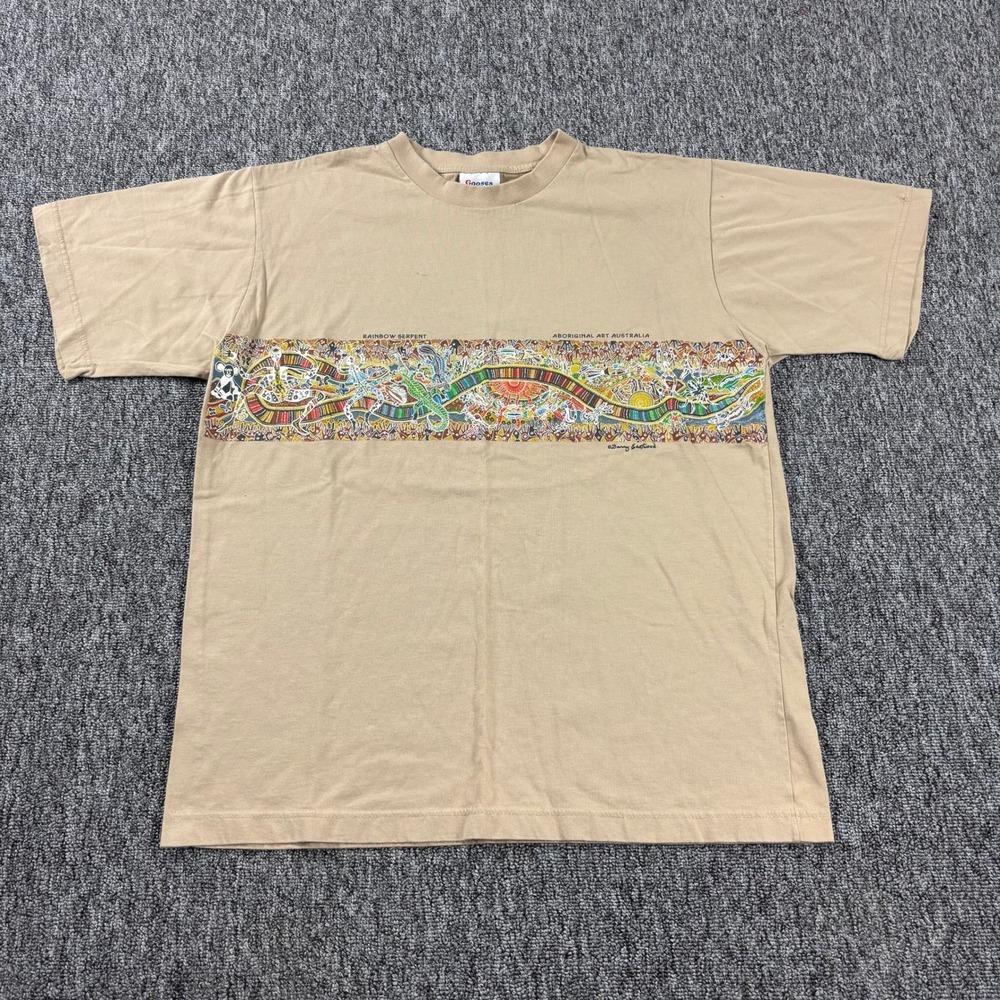 Vintage 90s Gooses Aboriginal Art Rainbow Serpent Graphic T-Shirt Tan Size XXL